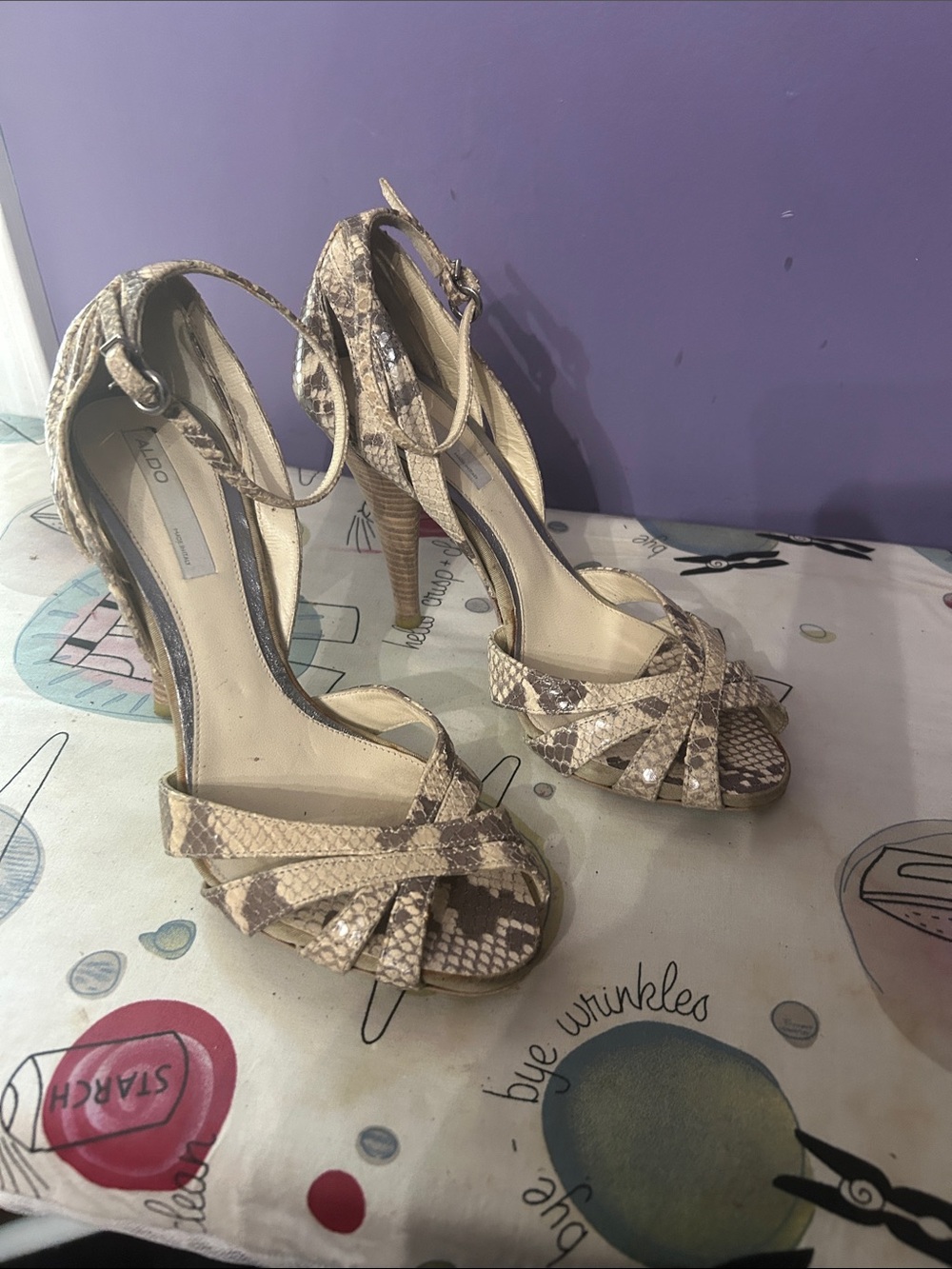 Aldo Beige Snake-Print Ankle-Strap High Heels